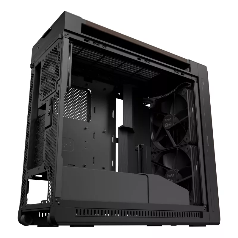 PC korpusas ASUS ProArt PA602 Wood Edition Midi Tower – juodas su medžiu, tinka ATX/EATX, 2x200 mm priekyje, 1x140 mm gale
