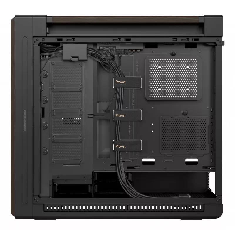 PC korpusas ASUS ProArt PA602 Wood Edition Midi Tower – juodas su medžiu, tinka ATX/EATX, 2x200 mm priekyje, 1x140 mm gale