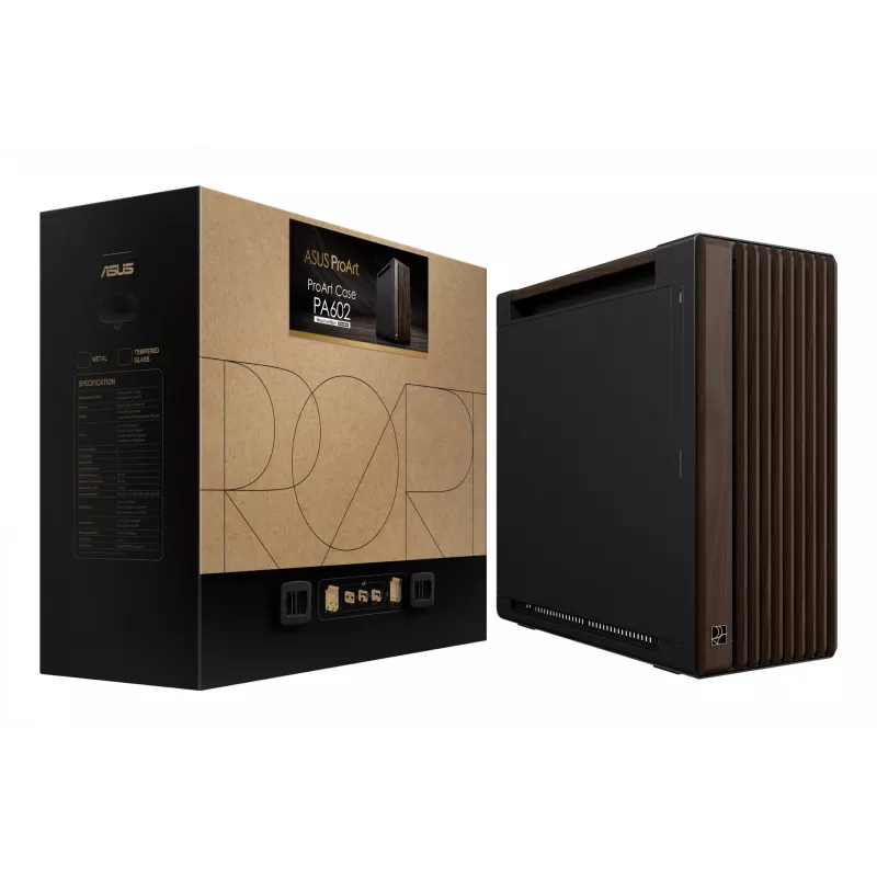 PC korpusas ASUS ProArt PA602 Wood Edition Midi Tower – juodas su medžiu, tinka ATX/EATX, 2x200 mm priekyje, 1x140 mm gale