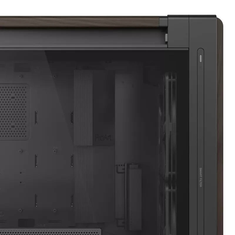 ASUS ProArt PA602 Wood Edition Modern Black - Midi bokštas su grūdinto stiklo šonine sienele, juodas, medinis