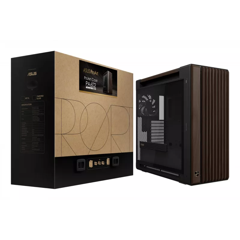 ASUS ProArt PA602 Wood Edition Modern Black - Midi bokštas su grūdinto stiklo šonine sienele, juodas, medinis