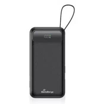 Powerbank MediaRange MRMA753 10 000 mAh LiPo su integruotais kabeliais, LC ekranu, USB-C PD ir Quick Charge, juoda