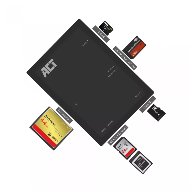 ACT USB 3.0 kortelių skaitytuvas AC6370 CF MMC MS Duo MicroSD SDHC juodas
