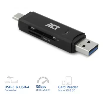 Kortelių skaitytuvas ACT AC6375 USB-C/USB-A 3.0 juodas