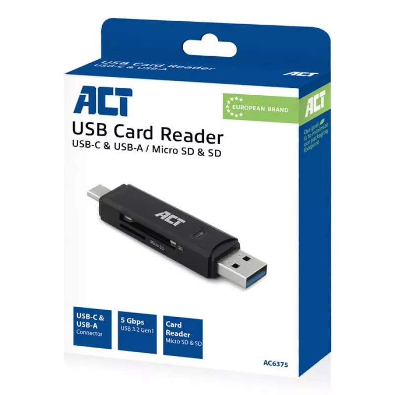 Kortelių skaitytuvas ACT AC6375 USB-C/USB-A 3.0 juodas