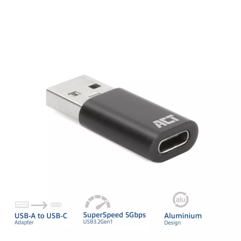 USB-A (vyriškas) į USB-C (moteriškas) adapteris ACT AC7376 juodas