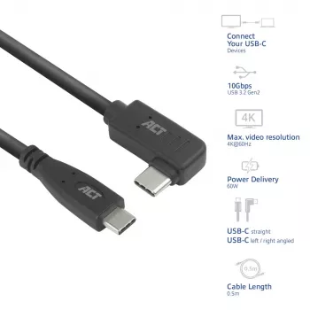 ACT USB 3.0 10Gbps 60W USB Type-C (tiesus) į USB Type-C (kairė/dešinė lenktas) laidas, 0,5 m