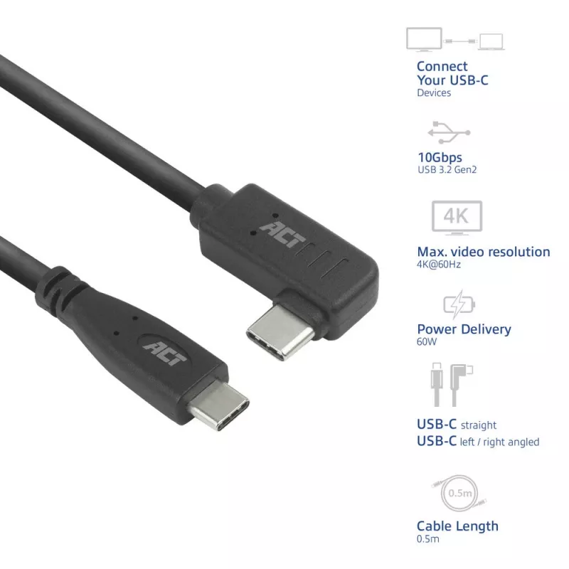 ACT USB 3.0 10Gbps 60W USB Type-C (tiesus) į USB Type-C (kairė/dešinė lenktas) laidas, 0,5 m