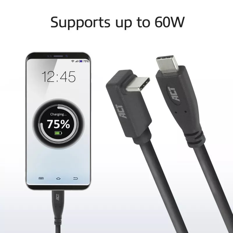 ACT USB 3.0 10Gbps 60W USB Type-C (tiesus) į USB Type-C (kampuotas aukštyn/žemyn) laidas, 1 m