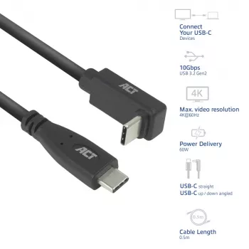 ACT USB 3.0 10Gbps 60W USB Type-C (tiesus) į USB Type-C (kampuotas aukštyn/žemyn) laidas, 2 m