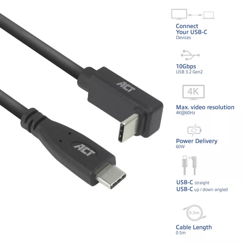 ACT USB 3.0 10Gbps 60W USB Type-C (tiesus) į USB Type-C (kampuotas aukštyn/žemyn) laidas, 2 m