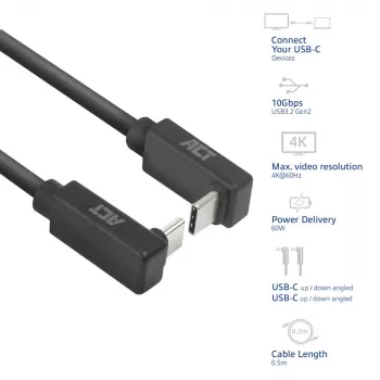 ACT USB 3.0 10Gbps 60W USB Type-C (kampinis aukštyn/žemyn) į USB Type-C (kampinis aukštyn/žemyn) laidas, 0,5 m