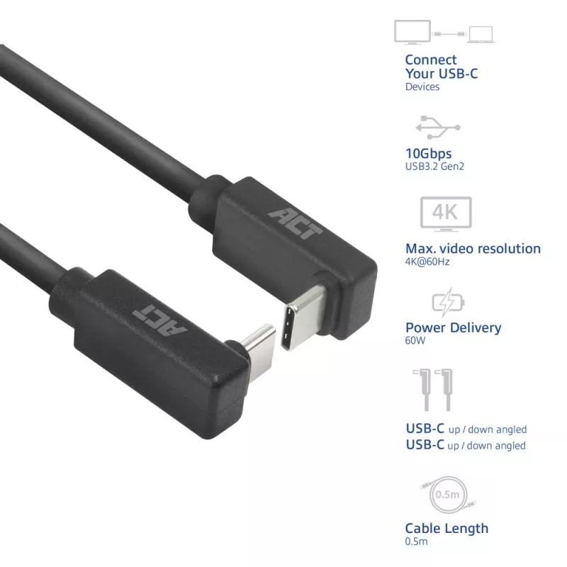ACT USB 3.0 10Gbps 60W USB Type-C (kampinis aukštyn/žemyn) į USB Type-C (kampinis aukštyn/žemyn) laidas, 0,5 m
