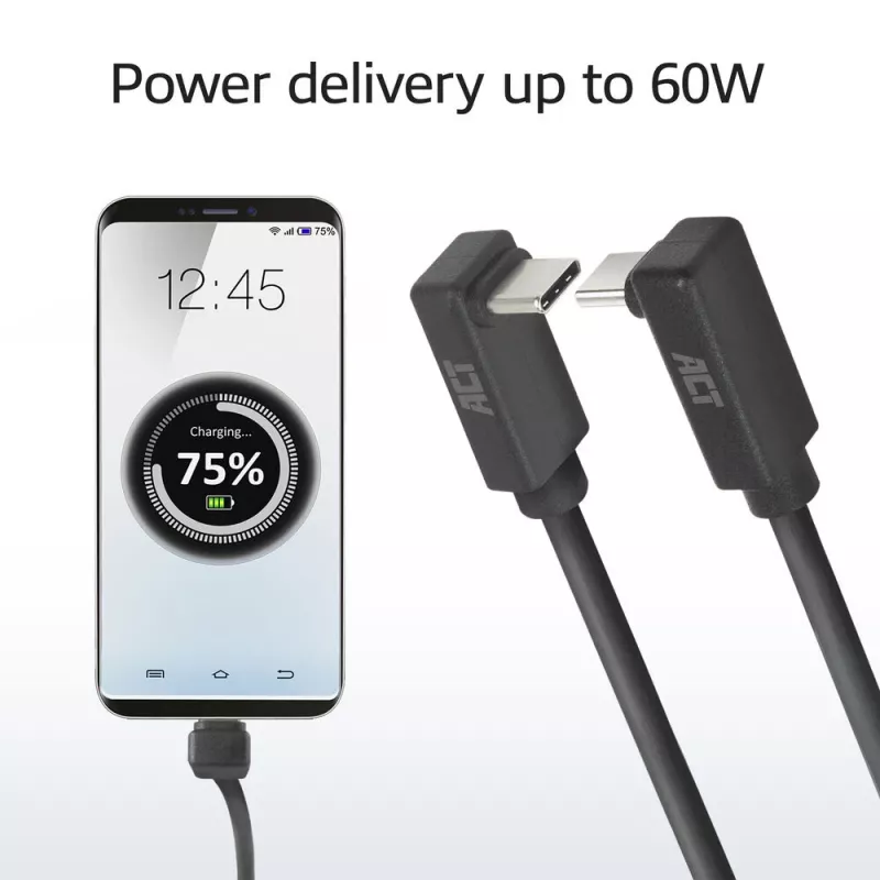 ACT USB 3.0 10Gbps 60W USB Type-C (kampinis aukštyn/žemyn) į USB Type-C (kampinis aukštyn/žemyn) laidas, 0,5 m