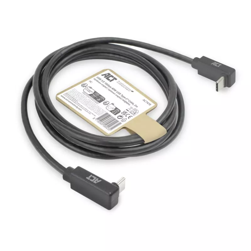 ACT USB 3.0 10Gbps 60W USB Type-C (kampinis aukštyn/žemyn) į USB Type-C (kampinis aukštyn/žemyn) laidas, 2 metrai