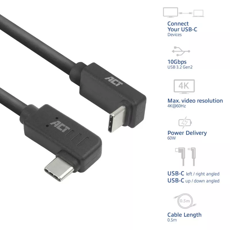 ACT USB 3.0 10Gbps 60W USB Type-C (kairė/dešinė lenktas) į USB Type-C (aukštyn/žemyn lenktas) laidas, 0,5 m