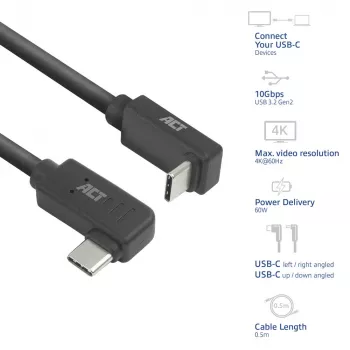 ACT USB 3.0 10Gbps 60W USB Type-C (kairė/dešinė lenktas) į USB Type-C (aukštyn/žemyn lenktas) laidas, 2 m