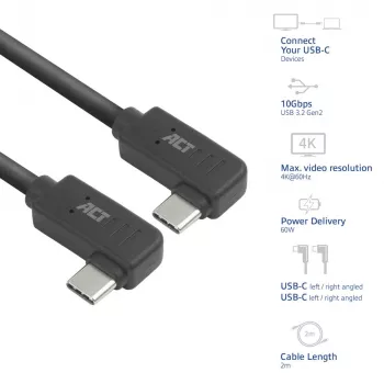 ACT USB 3.0 10Gbps 60W USB Type-C (kairė/dešinė lenktas) į USB Type-C (kairė/dešinė lenktas) laidas, 1 m