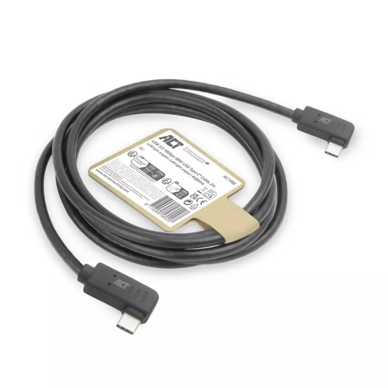 ACT USB 3.0 10Gbps 60W USB Type-C (kairė/dešinė lenktas) į USB Type-C (kairė/dešinė lenktas) laidas, 1 m
