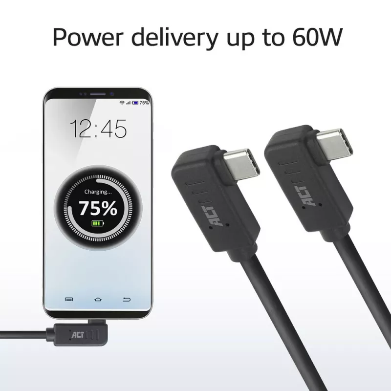 ACT USB 3.0 10Gbps 60W USB Type-C® (kairysis/dešinysis kampinis) į USB Type-C® (kairysis/dešinysis kampinis) laidas, 2 metrai