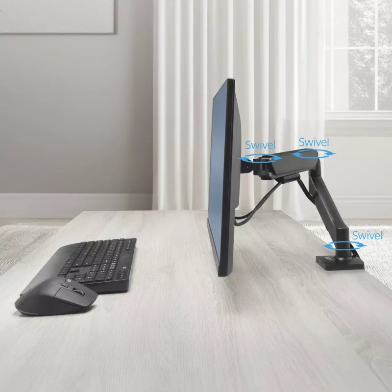 Monitoriaus ranka ACT 35 colių ekranams, dujinė spyruoklė, vienas monitorius, spaustuvas/įvorė, iki 9 kg, VESA 75x75–100x100, pakreipimas ±45°, juoda