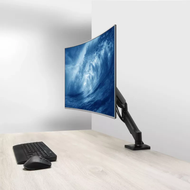Monitoriaus ranka ACT 35 colių ekranams, dujinė spyruoklė, vienas monitorius, spaustuvas/įvorė, iki 9 kg, VESA 75x75–100x100, pakreipimas ±45°, juoda