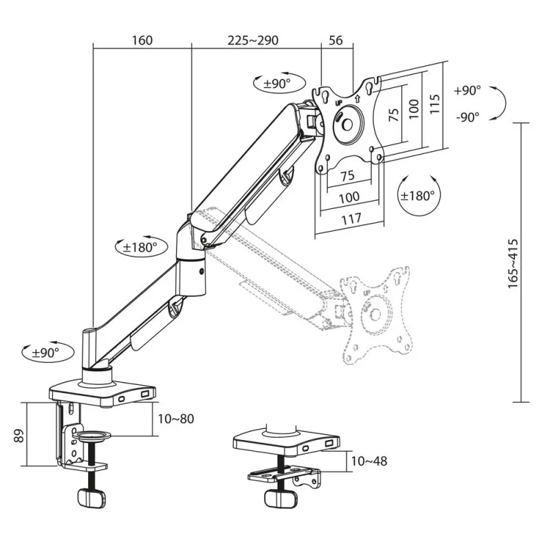 Monitoriaus ranka ACT 35 colių ekranams, dujinė spyruoklė, vienas monitorius, spaustuvas/įvorė, iki 9 kg, VESA 75x75–100x100, pakreipimas ±45°, juoda
