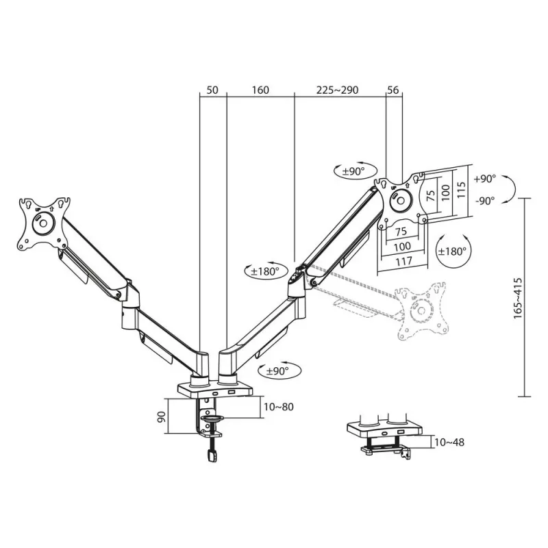 ACT monitorių laikiklis 35 colių, dujinis spyruoklinis, 2 monitoriams, Essentials, Clamp/Grommet, 18 kg, 43,2 cm (17 col.), 88,9 cm (35 col.), 100 x 100 mm, Juodas