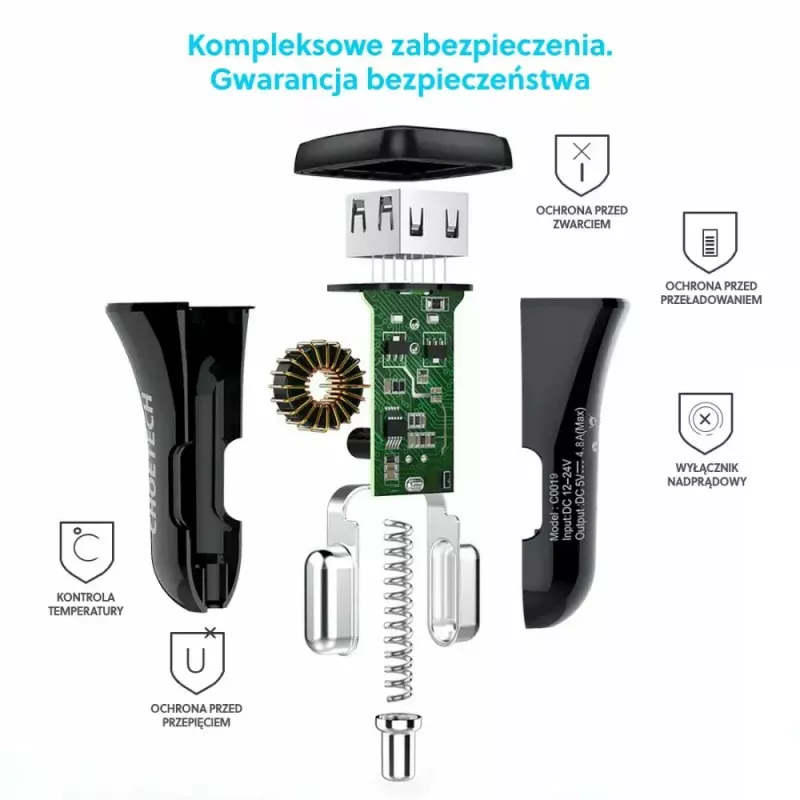 Maitinimo įkroviklis CHOETECH C0051 dvigubas USB-A 36W QC3.0, juodas