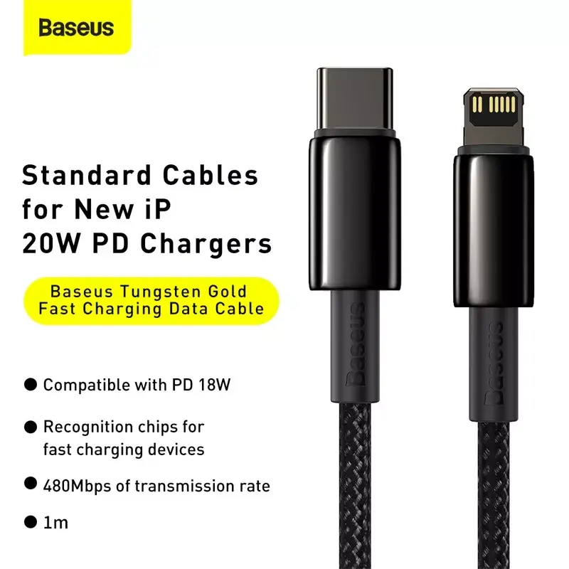 Kabelis Baseus Tungsten Gold 1 m juodas Lightning į USB C