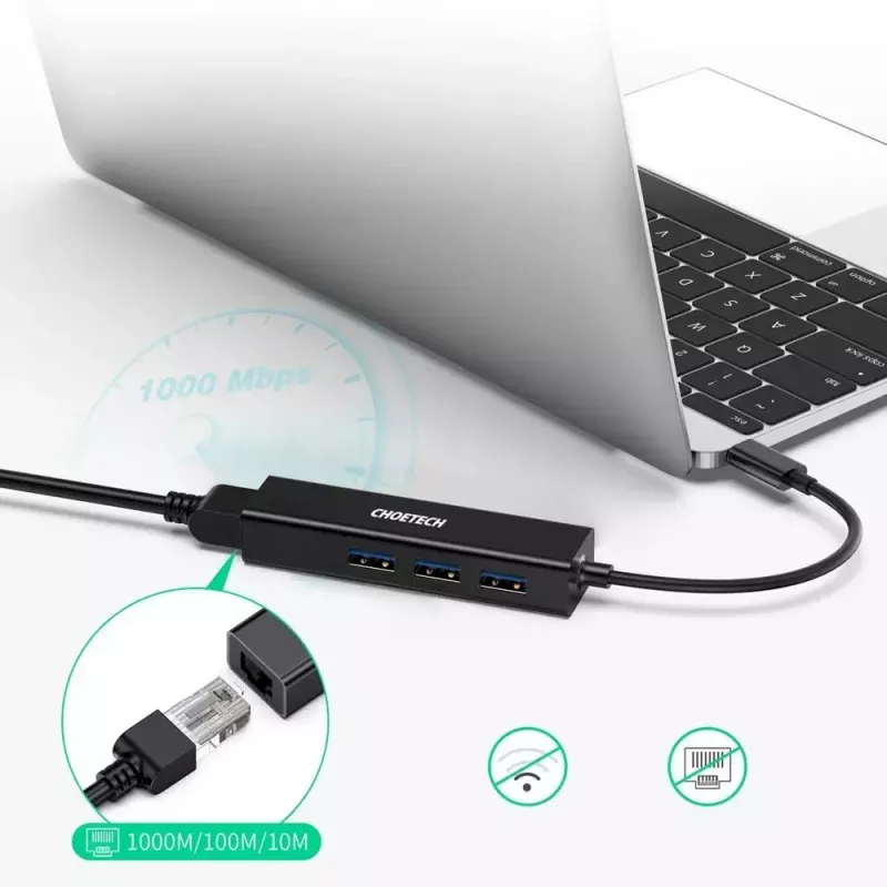 USB-C į RJ-45 eterneto adapteris su 3x USB-A CHOETECH HUB-U02BK