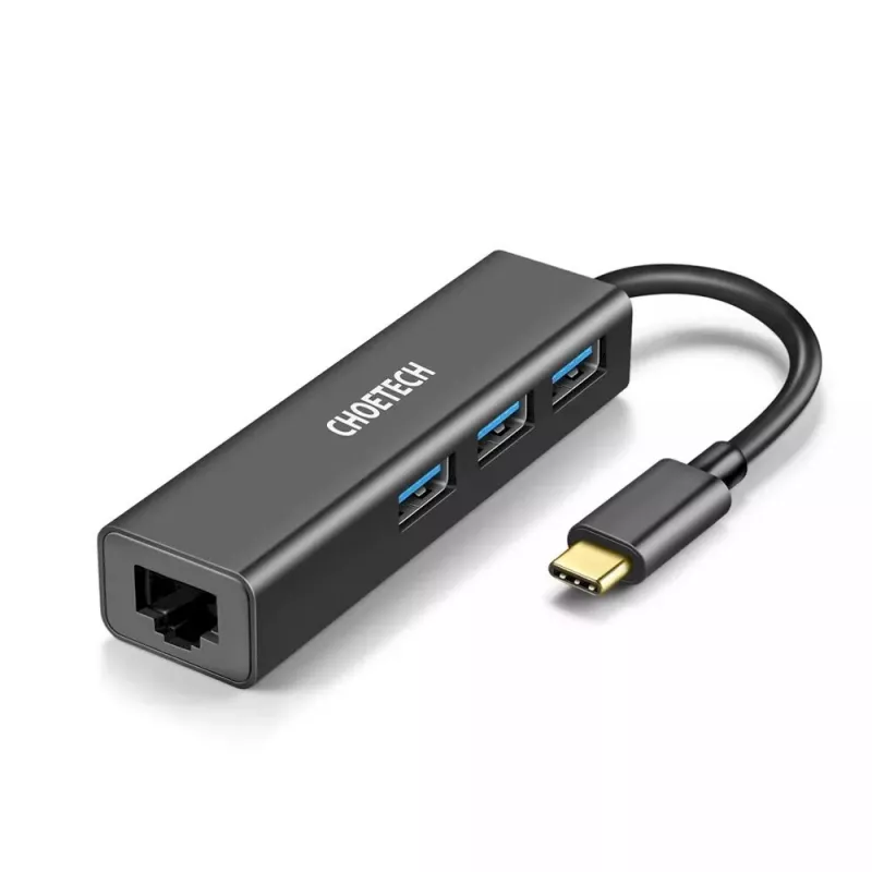 USB-C į RJ-45 eterneto adapteris su 3x USB-A CHOETECH HUB-U02BK