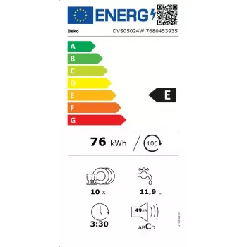 Siauras indaplovė BEKO DVS05024W — 10 komplektų, 45 cm, 49 dB, E klasė