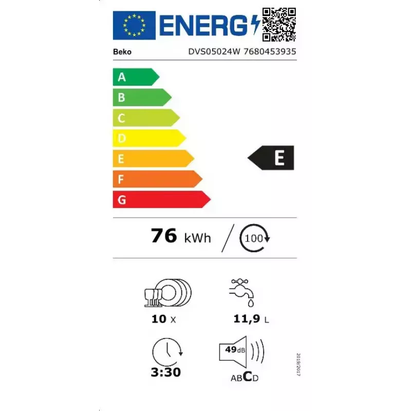 Siauras indaplovė BEKO DVS05024W — 10 komplektų, 45 cm, 49 dB, E klasė