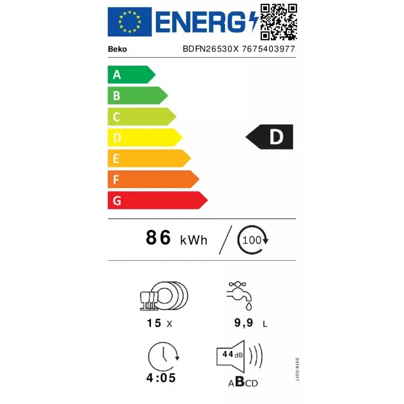 Laisvai pastatoma indaplovė BEKO BDFN26530X, pilno dydžio 60 cm, 15 komplektų, 44 dB, 6 programų