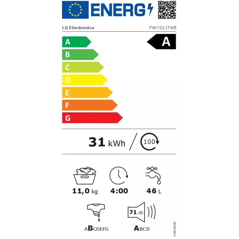 LG F4X7011TWS Skalbimo mašina su priekiniu pakrovimu 11 kg 1400 aps./min. Balta
