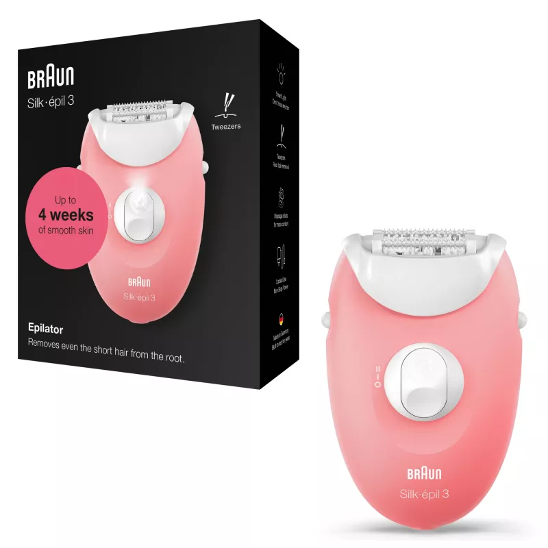 Braun Silk-épil 3 3-176 epiliatorius su 3 priedais, rožinė, balta, 20 pincetų, skutimas, AC, 100-240 V, 50-60 Hz