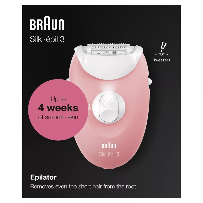 Braun Silk-épil 3 3-176 epiliatorius su 3 priedais, rožinė, balta, 20 pincetų, skutimas, AC, 100-240 V, 50-60 Hz