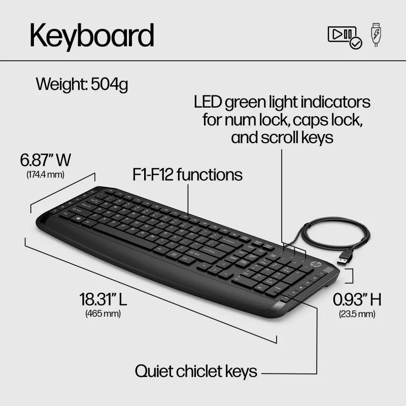 HP Pavilion klaviatūra ir pelė 200, laidinė, USB, chiclet, QWERTY, juoda, su pele