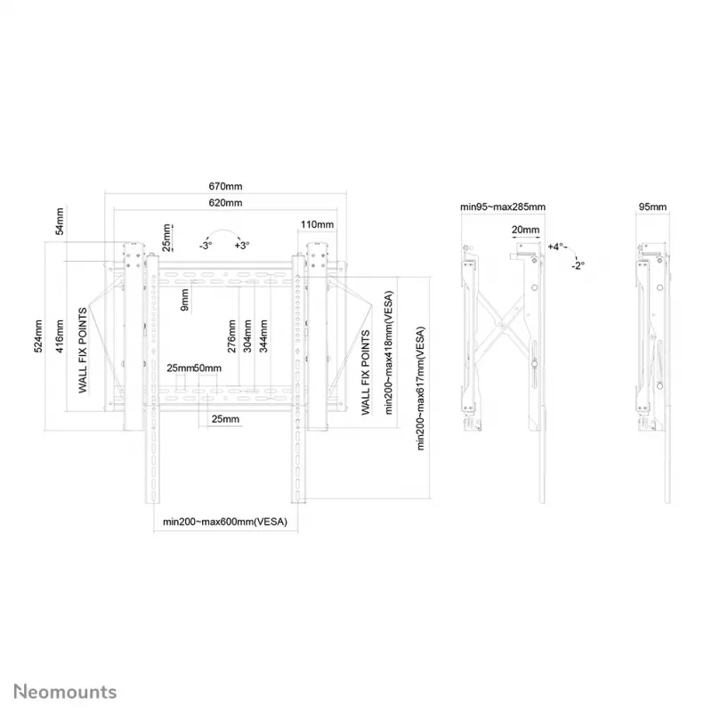 Neomounts LED-VW2500BLACK1 vaizdo sienos laikiklis, 70 kg, 81,3 cm (32 col.), 190,5 cm (75 col.), 200 x 200 mm, 600 x 600 mm, 0-6°