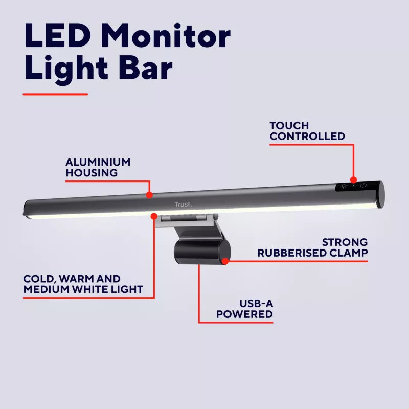 Stalinė lempa Trust Shyne Monitor Light Bar, nekeičiama LED lemputė, USB maitinimas, 70 mm aukštis