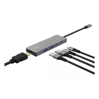 USB Type-C centrinis įrenginys TRUST 26062 — HDMI + USB 3.2 Gen 1 Type-A & Type-C, pilkas, 5 prievadai