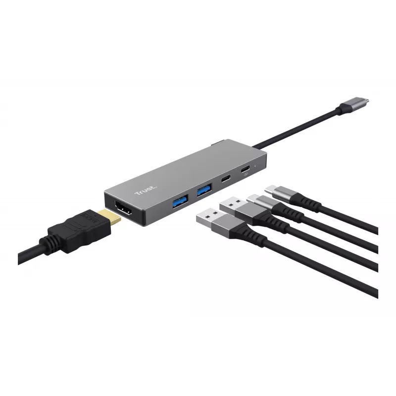 USB Type-C centrinis įrenginys TRUST 26062 — HDMI + USB 3.2 Gen 1 Type-A & Type-C, pilkas, 5 prievadai