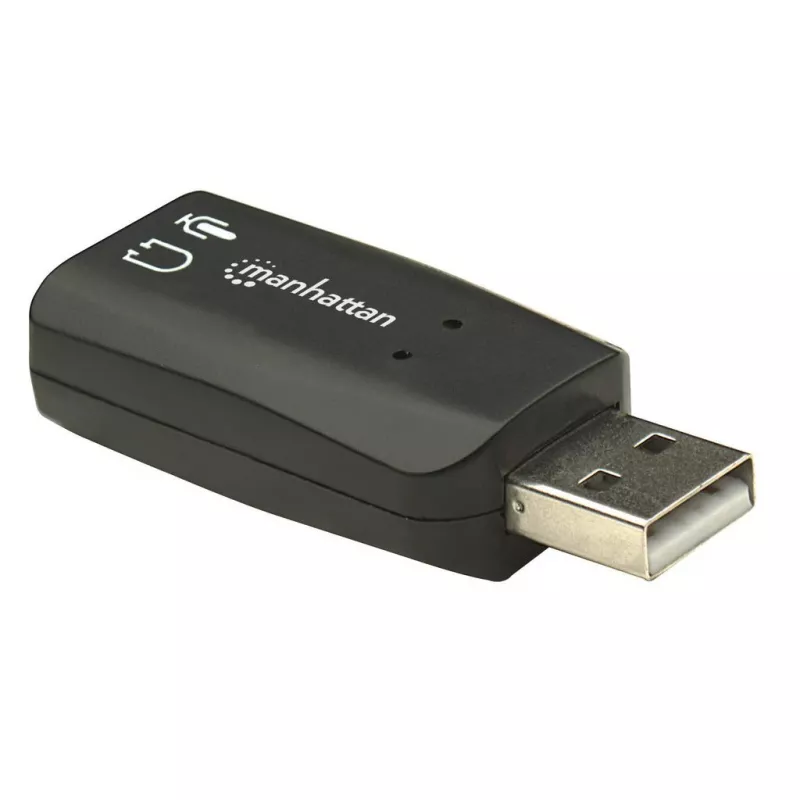 Manhattan USB-A garso adapteris, USB-A į 3,5 mm mikrofono ir garso išvesties prievadus, 480 Mbps (USB 2.0), palaiko 3D ir virtualų 5.1 erdvinį garsą, Hi-Speed USB, juodas, trejų metų garantija