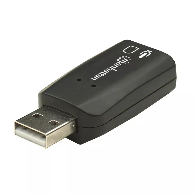 Manhattan USB-A garso adapteris, USB-A į 3,5 mm mikrofono ir garso išvesties prievadus, 480 Mbps (USB 2.0), palaiko 3D ir virtualų 5.1 erdvinį garsą, Hi-Speed USB, juodas, trejų metų garantija