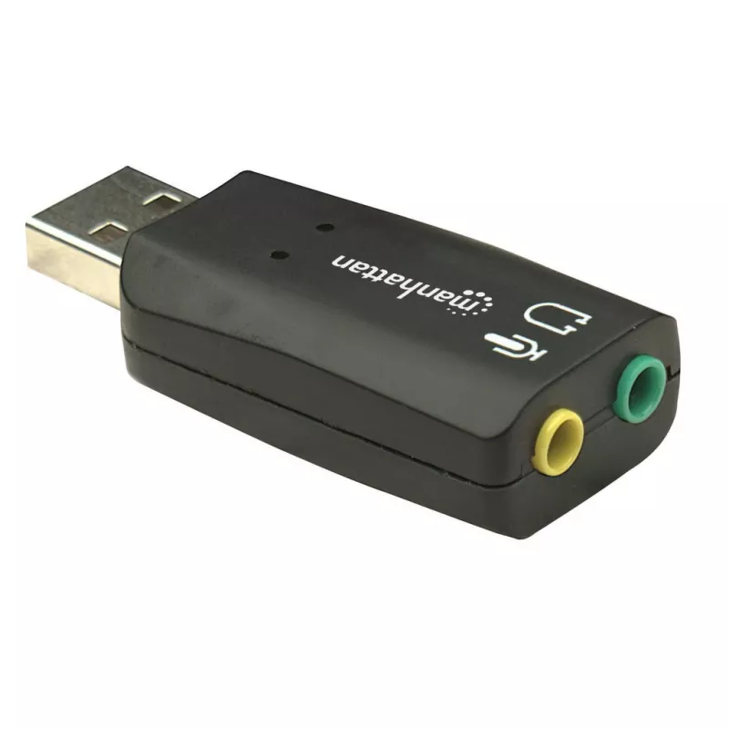 Manhattan USB-A garso adapteris, USB-A į 3,5 mm mikrofono ir garso išvesties prievadus, 480 Mbps (USB 2.0), palaiko 3D ir virtualų 5.1 erdvinį garsą, Hi-Speed USB, juodas, trejų metų garantija