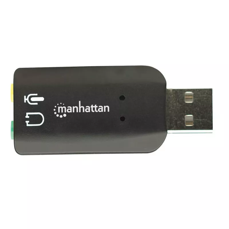 Manhattan USB-A garso adapteris, USB-A į 3,5 mm mikrofono ir garso išvesties prievadus, 480 Mbps (USB 2.0), palaiko 3D ir virtualų 5.1 erdvinį garsą, Hi-Speed USB, juodas, trejų metų garantija