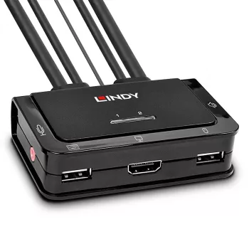 Lindy 2 prievadų HDMI 4K30, USB 2.0 ir garso kabelių KVM jungiklis, 1920 x 1080 pikselių, juoda