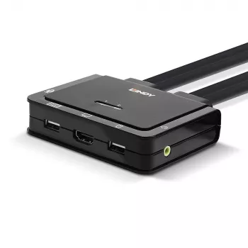 Lindy 2 prievadų HDMI 4K30, USB 2.0 ir garso kabelių KVM jungiklis, 1920 x 1080 pikselių, juoda