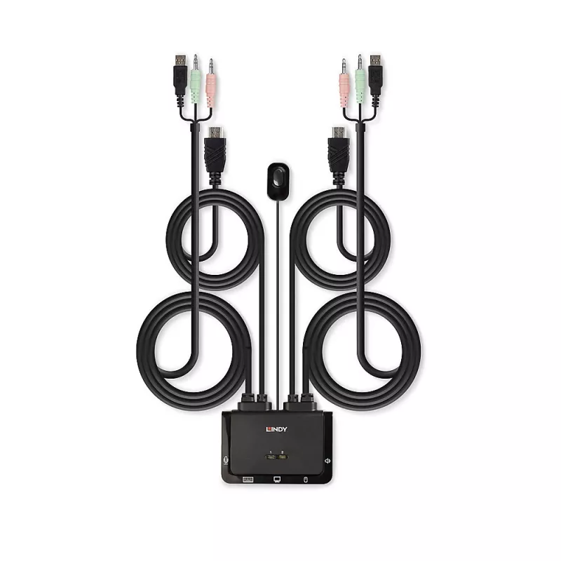 Lindy 2 prievadų HDMI 4K30, USB 2.0 ir garso kabelių KVM jungiklis, 1920 x 1080 pikselių, juoda